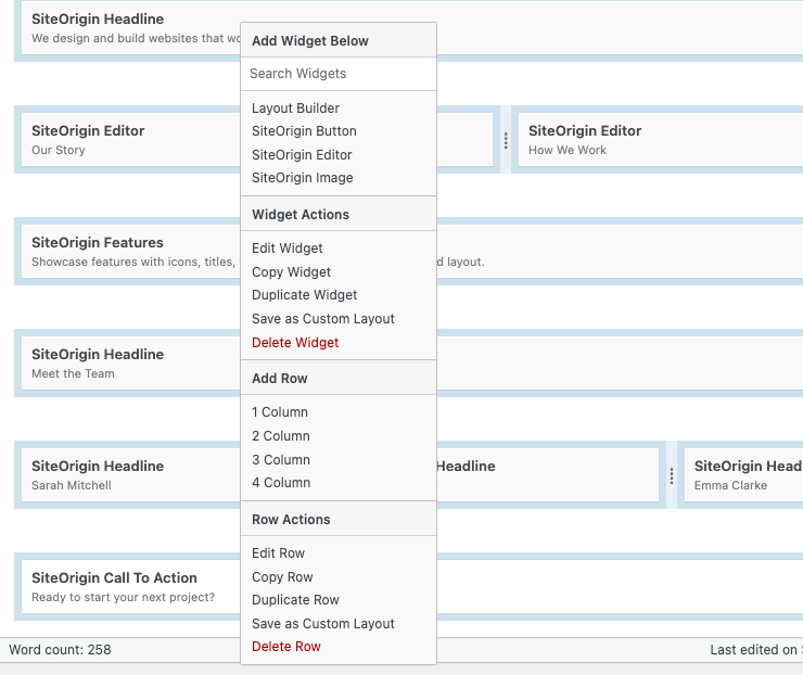 The Page Builder right-click menu with Save as Custom Layout under Widget Actions and Row Actions