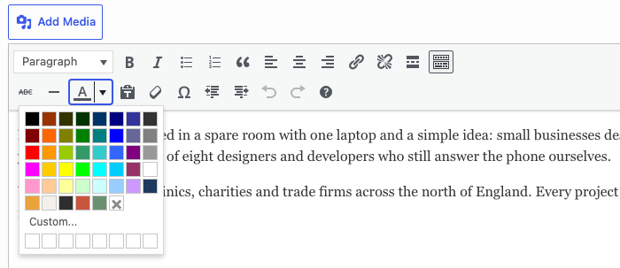 The Text color menu of the SiteOrigin Editor widget with the custom colors after the standard colors