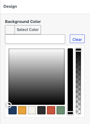 A Page Builder Background Color picker with the custom palette swatches