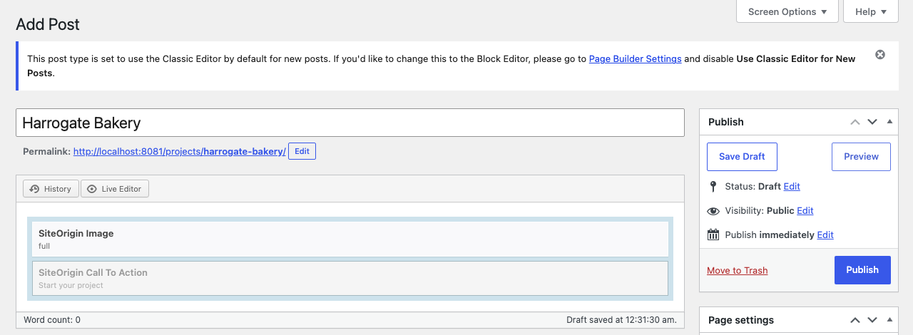 A new Project post with the Page Builder layout of the Projects post type