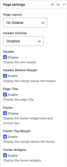 The Page settings box of a post type with Page Layout set to No Sidebar