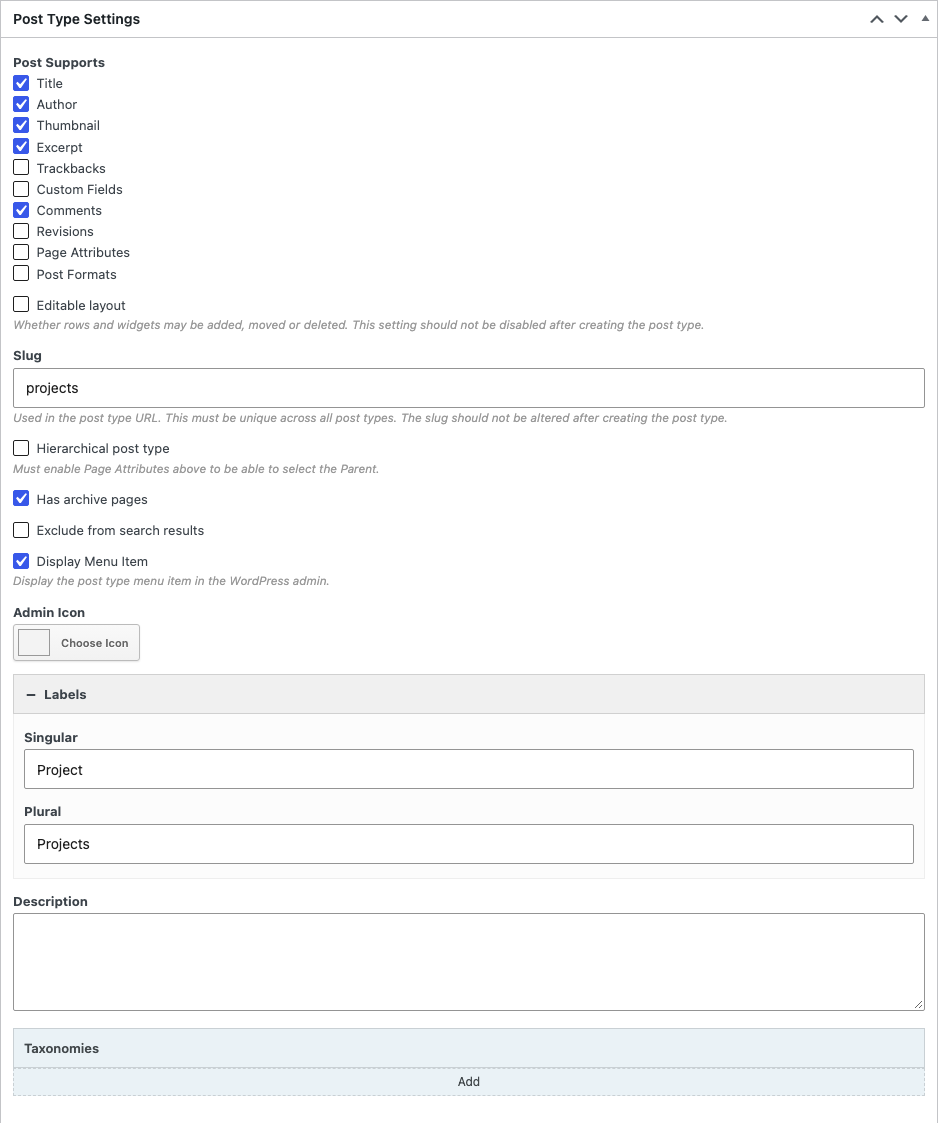 The Post Type Settings box for a Projects post type