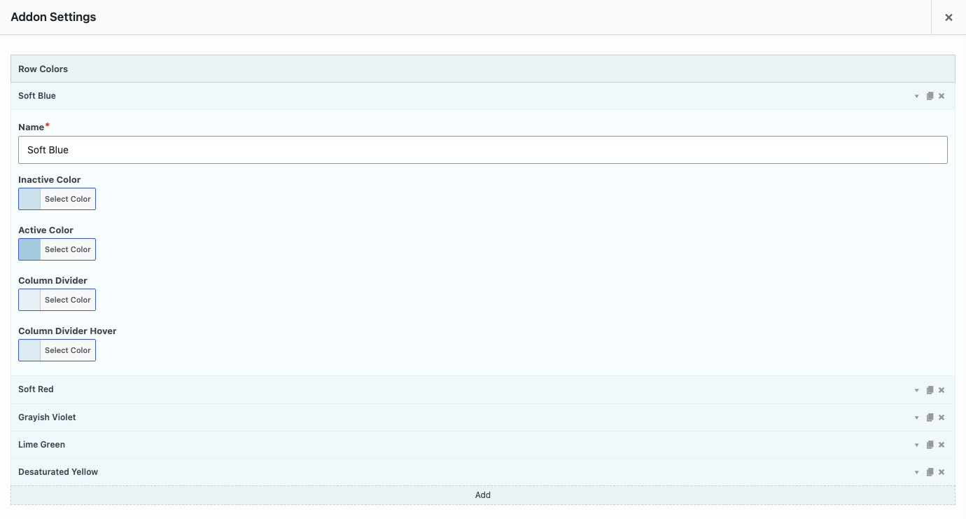 The Custom Row Colors settings with the Row Colors list and one color open