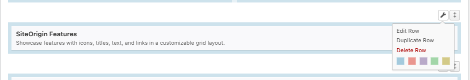 The row color swatches in the Page Builder row menu below Delete Row