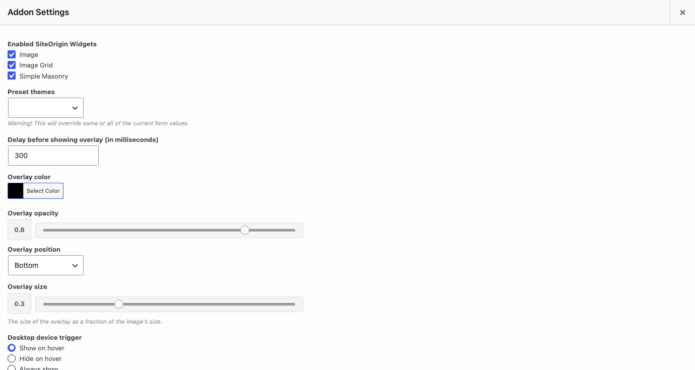 The Image Overlay addon settings with the enabled widgets, overlay color, opacity, position, size and desktop trigger