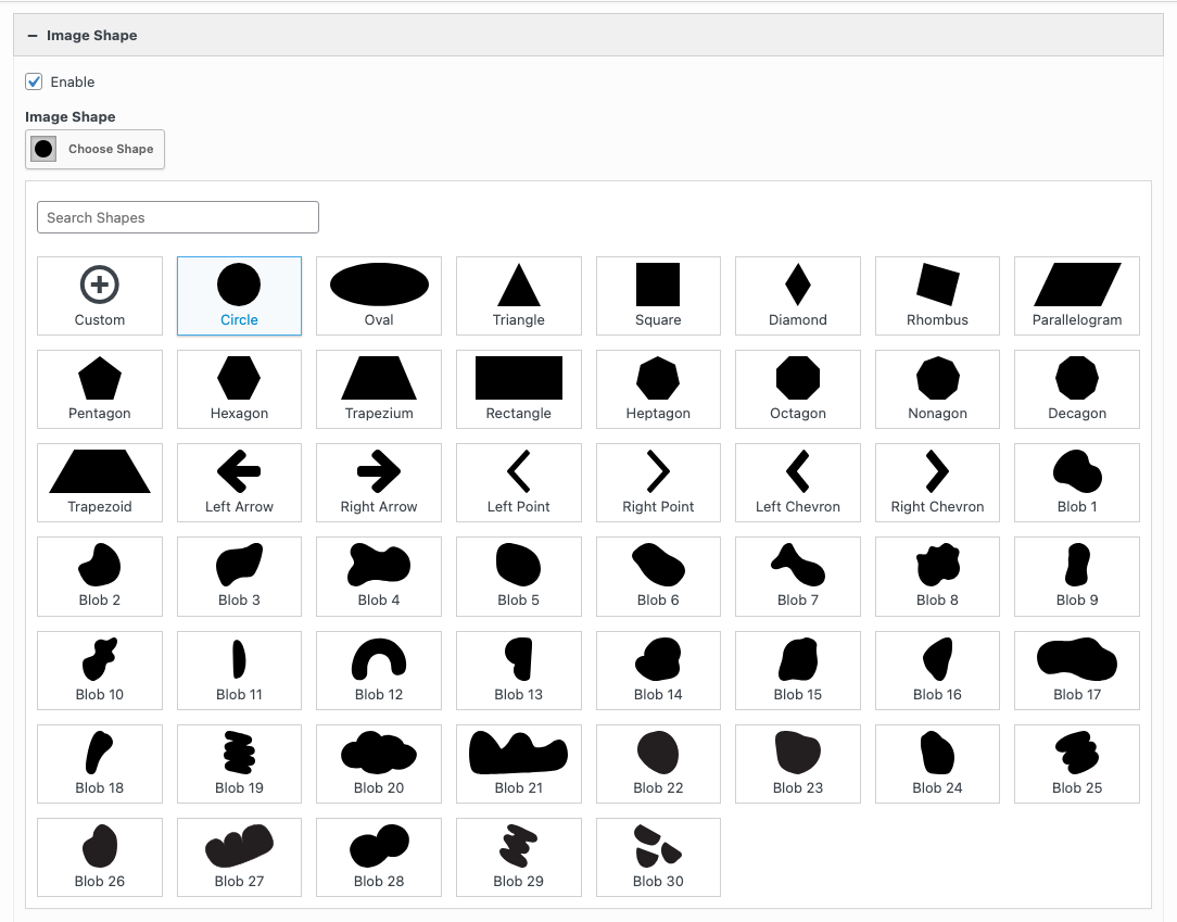 The Image Shape section of the Image widget with the shape picker open