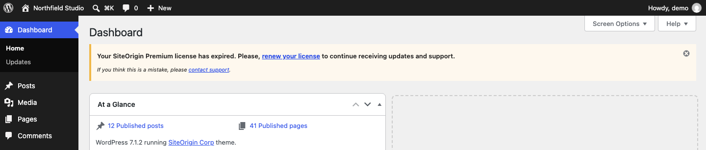The SiteOrigin Premium notice that says the license has expired, with a renew your license link