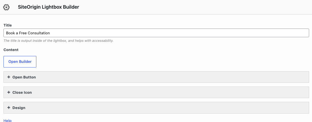 The SiteOrigin Lightbox Builder widget form with Title, Content, Open Button, Close Icon and Design