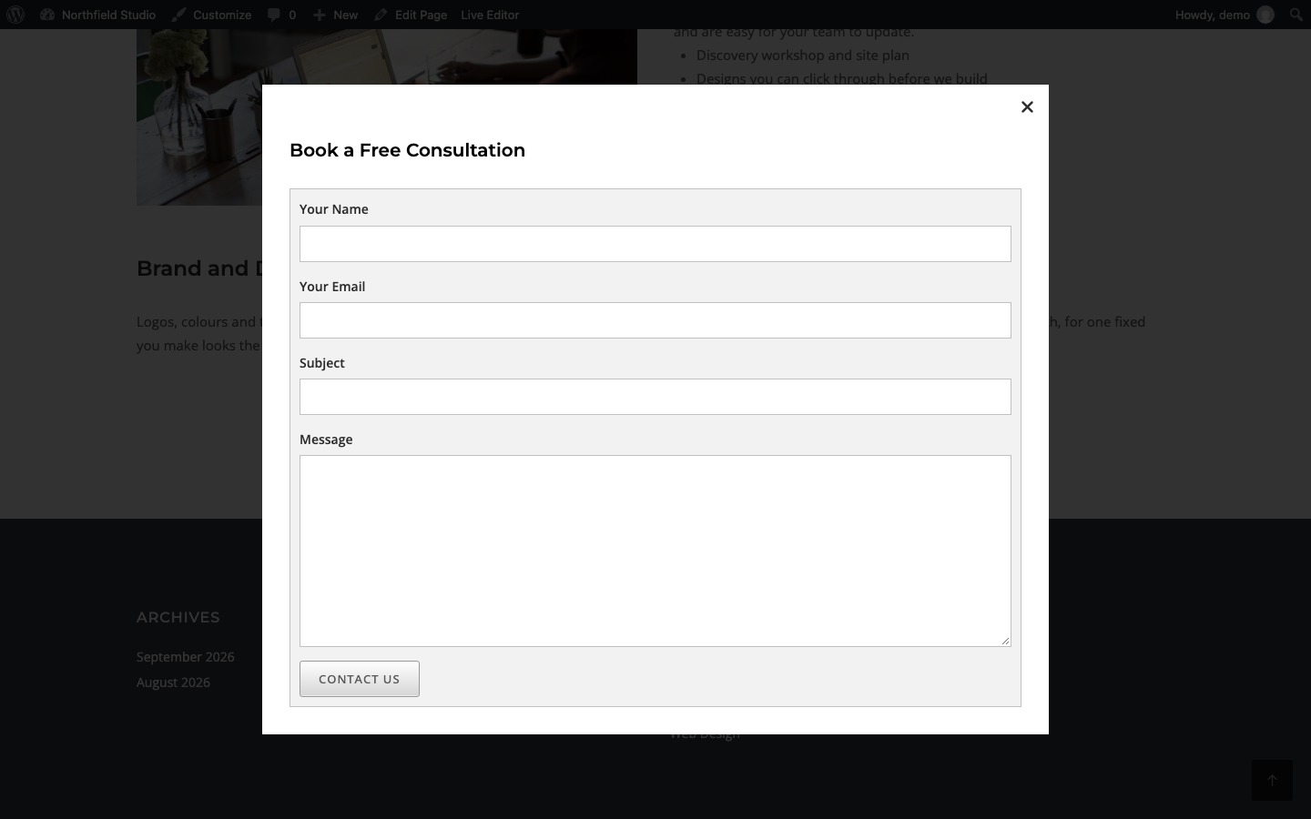 An open lightbox with a contact form on the Northfield Studio site