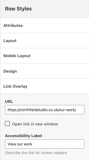 The Link Overlay group in Row Styles with a URL and an accessibility label