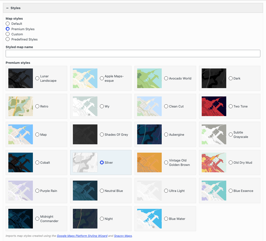 The Styles section of the Google Maps widget with Map styles set to Premium Styles and the Silver style selected