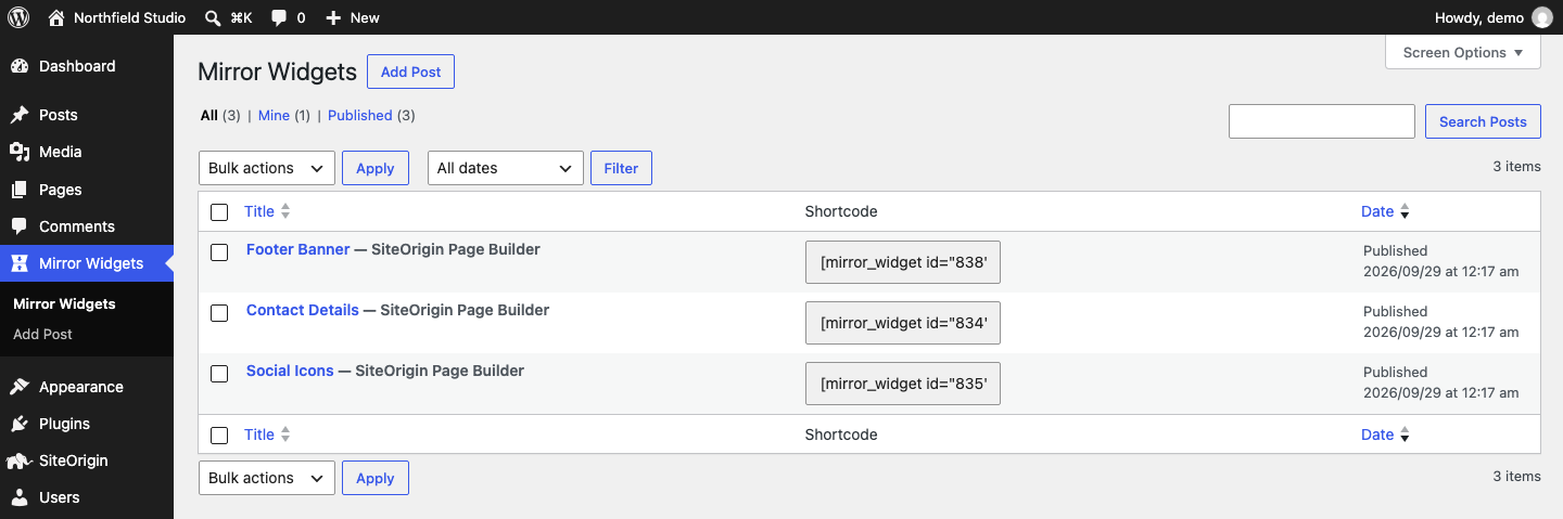 The Mirror Widgets list with three Mirror Widgets and their shortcodes
