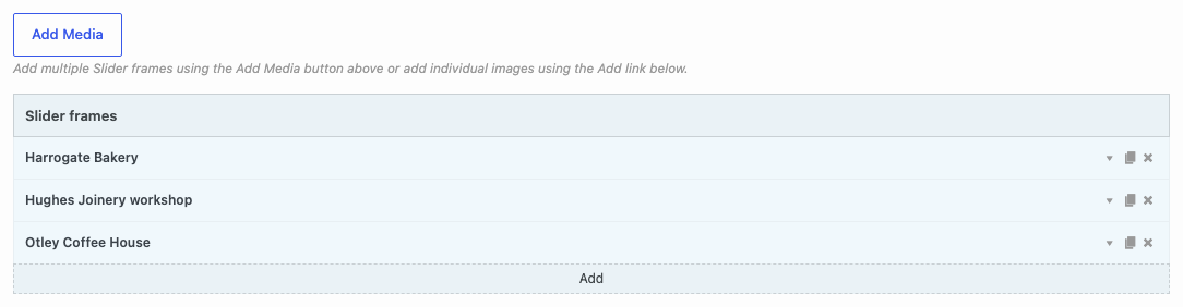 The Add Media button above the Slider frames list in the Image Slider widget