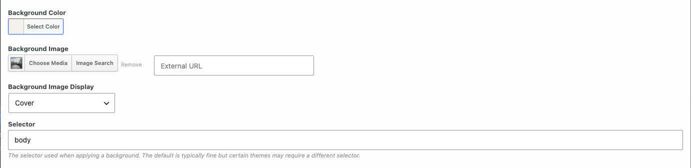 The Page Background Settings dialog with a background color, image, Cover display and body selector