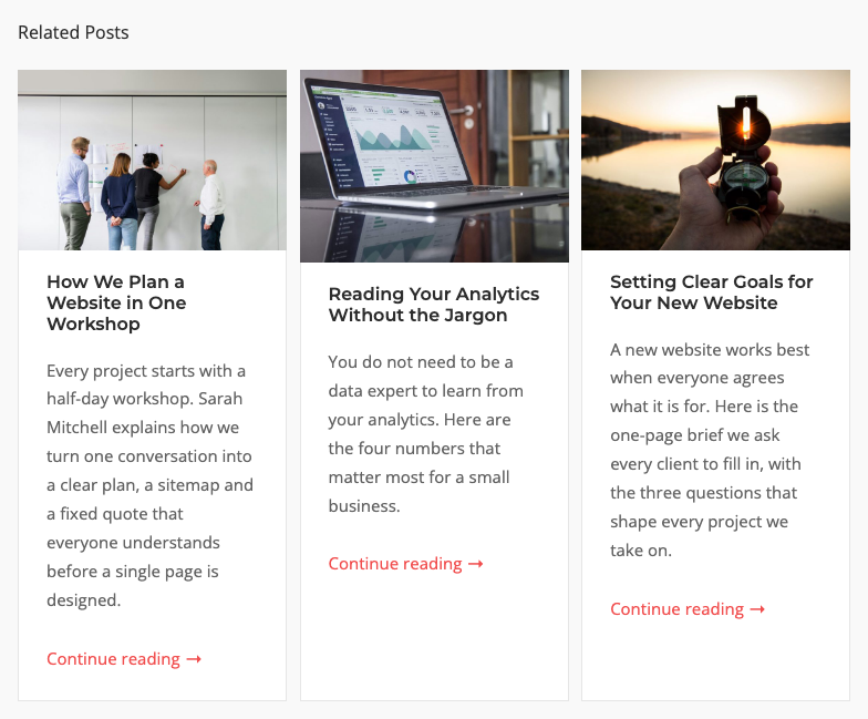 Three related posts in a grid below a blog post, each with an image, title and excerpt