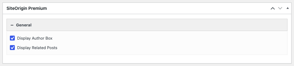 The General tab of the SiteOrigin Premium meta box with Display Author Box and Display Related Posts checked