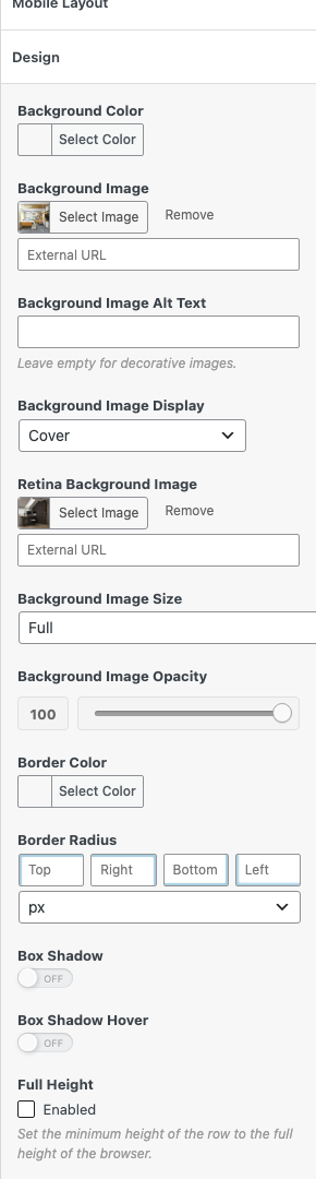 The Design group in Row Styles with a Background Image and a Retina Background Image