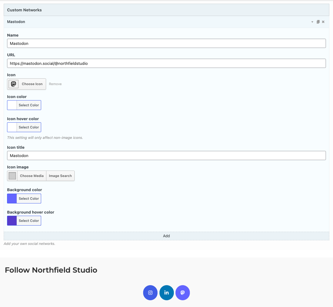 A Mastodon custom network in the Social Media Buttons widget form, and the Mastodon button on the front end
