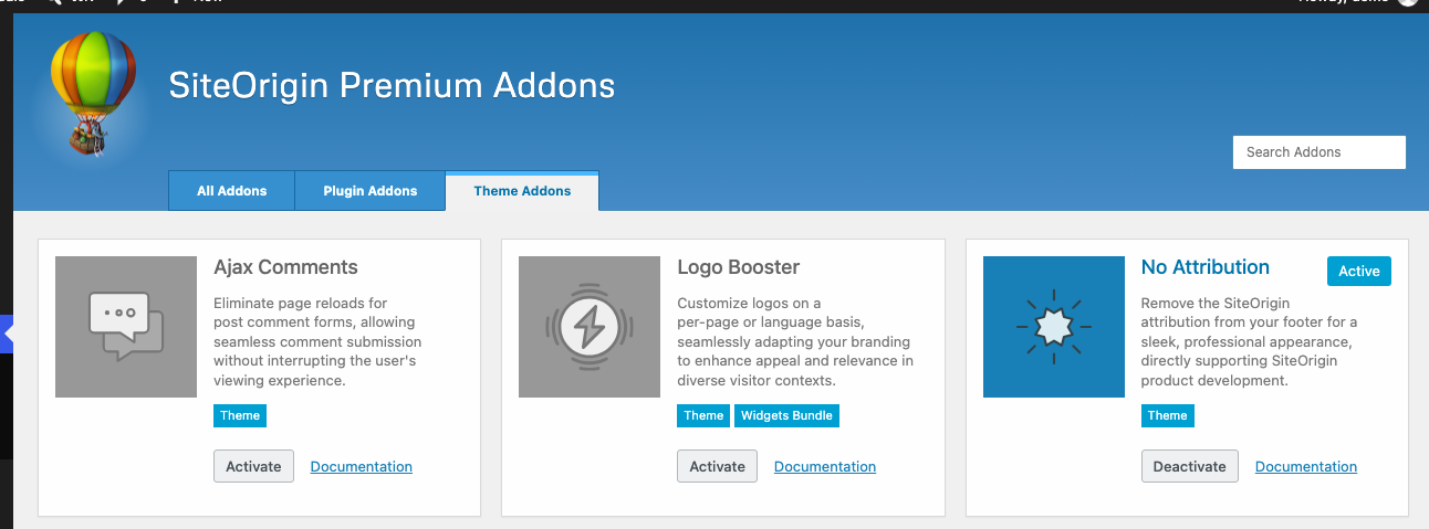 The Theme Addons filter on the Premium Addons page showing the Ajax Comments, Logo Booster and No Attribution cards