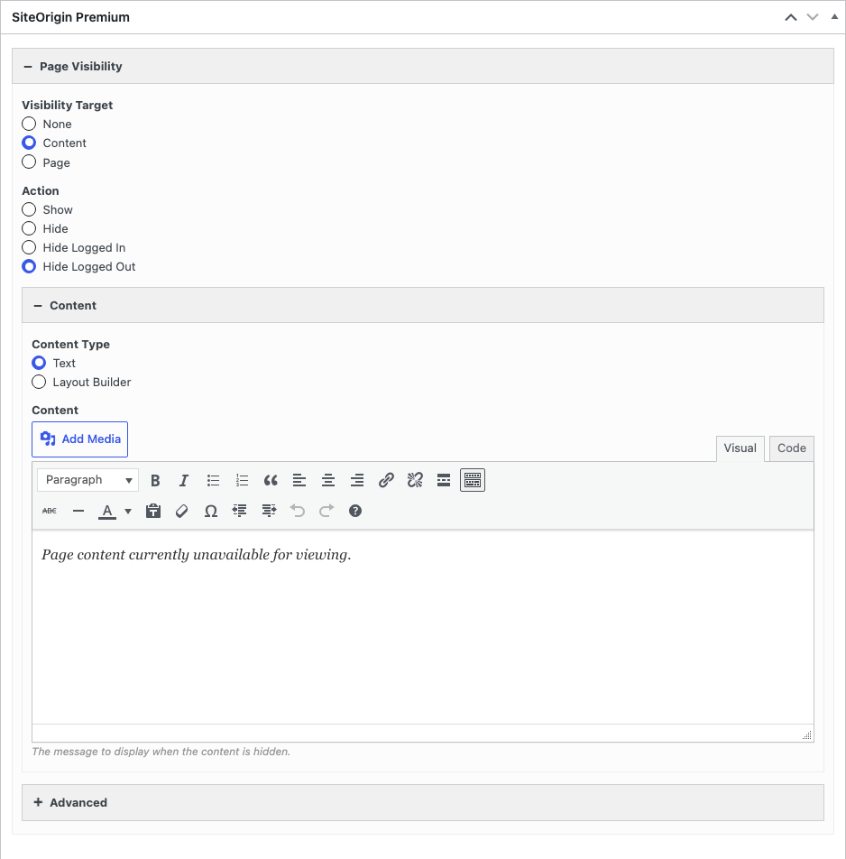 The Page Visibility section of the SiteOrigin Premium meta box with Visibility Target set to Content