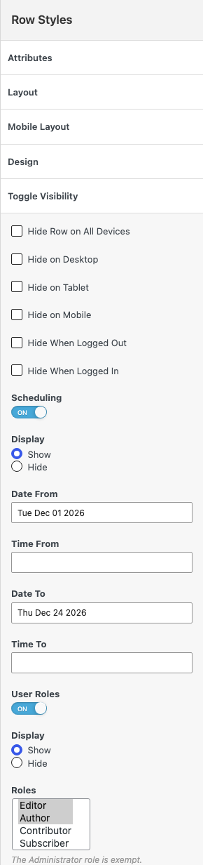 The Toggle Visibility group in Row Styles with Scheduling and User Roles turned on