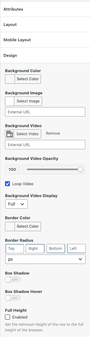 The Background Video settings in the Design group of Row Styles