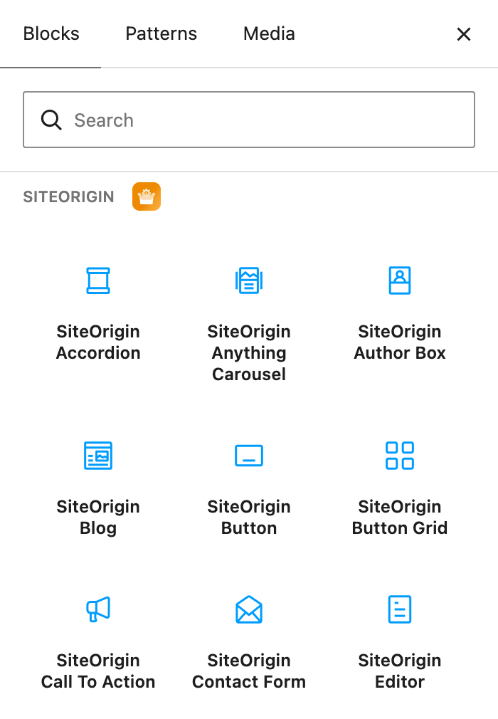 The SiteOrigin category in the block inserter, listing Widgets Bundle blocks