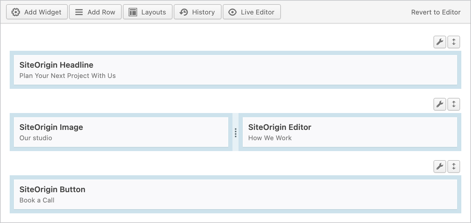 The Page Builder interface with three rows of widgets