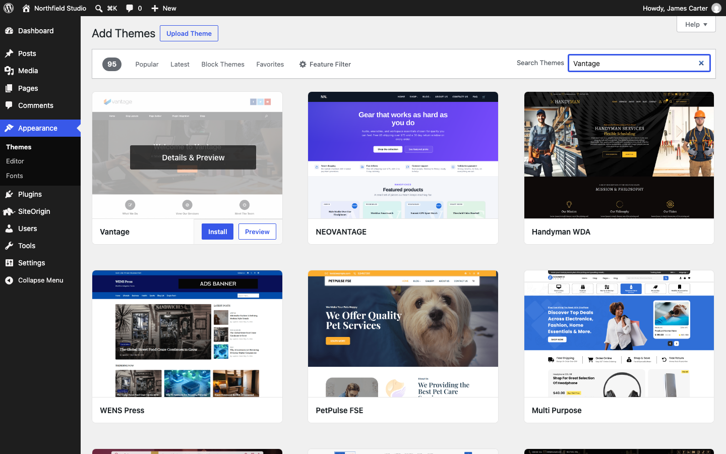 The Add Theme screen with Vantage in the search results