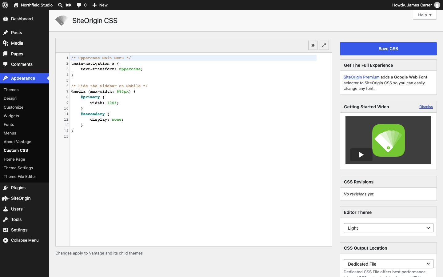 The SiteOrigin CSS editor with two CSS snippets pasted in