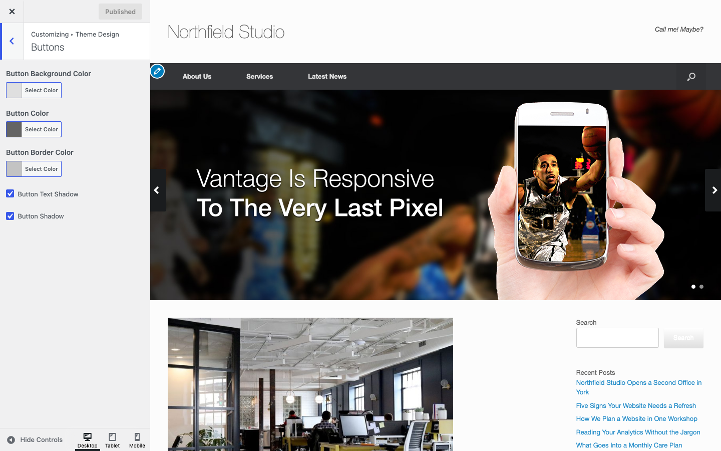The Buttons section of Vantage Theme Design in the Customizer