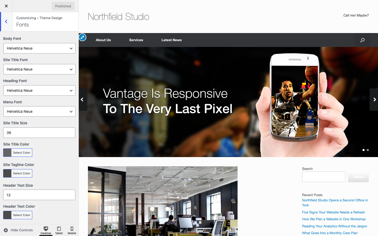 The Fonts section of Vantage Theme Design in the Customizer