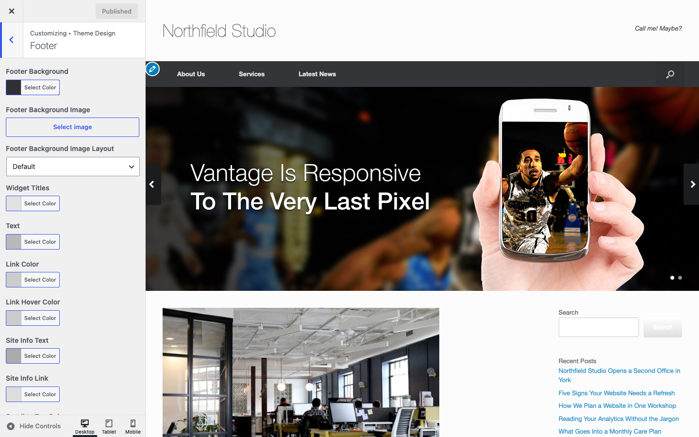 The Footer section of Vantage Theme Design in the Customizer