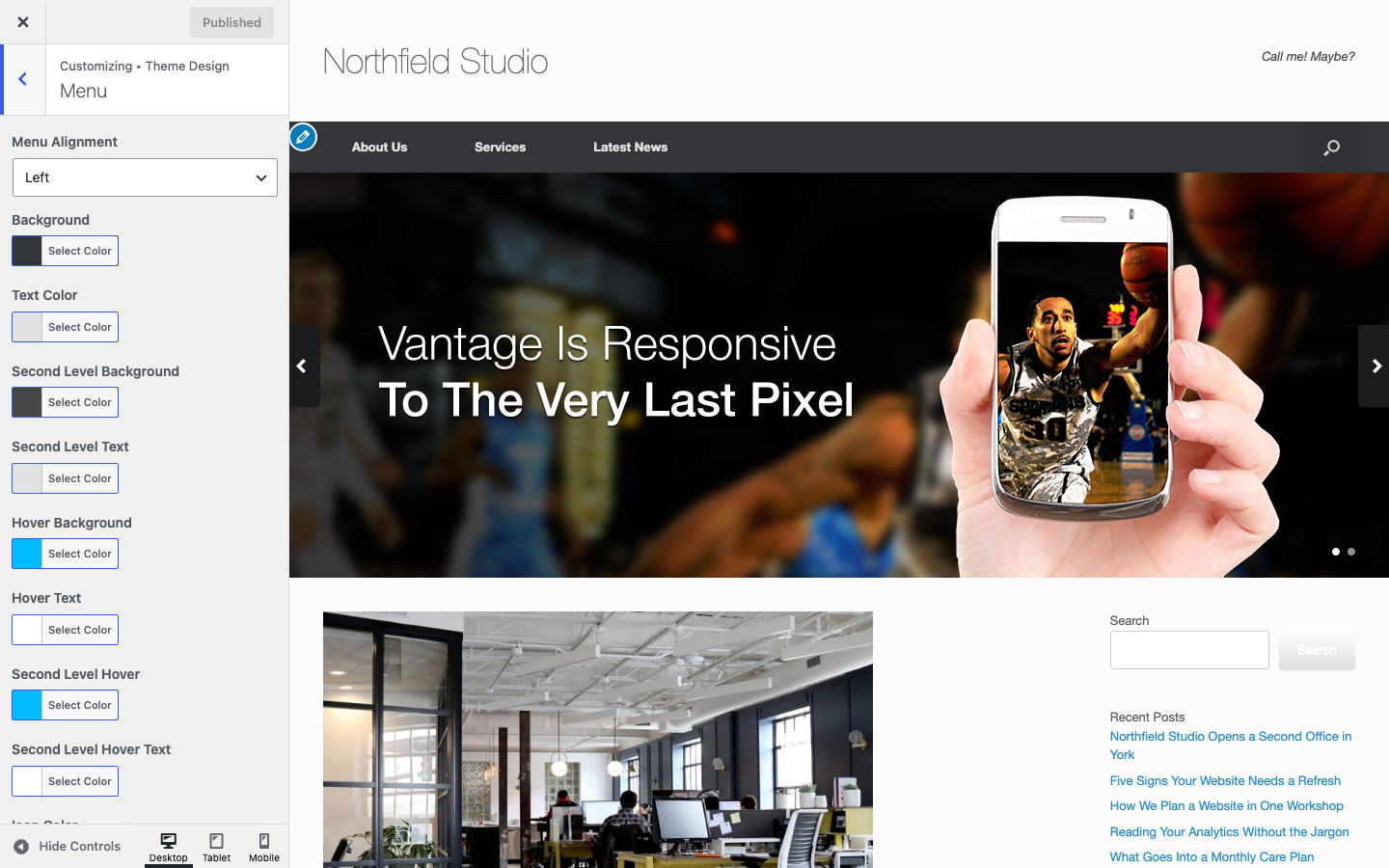 The Menu section of Vantage Theme Design in the Customizer