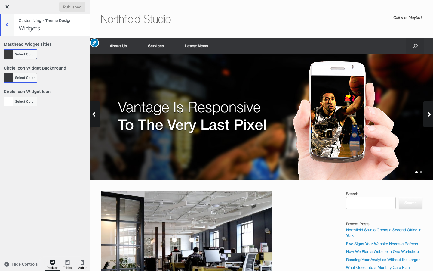 The Widgets section of Vantage Theme Design in the Customizer