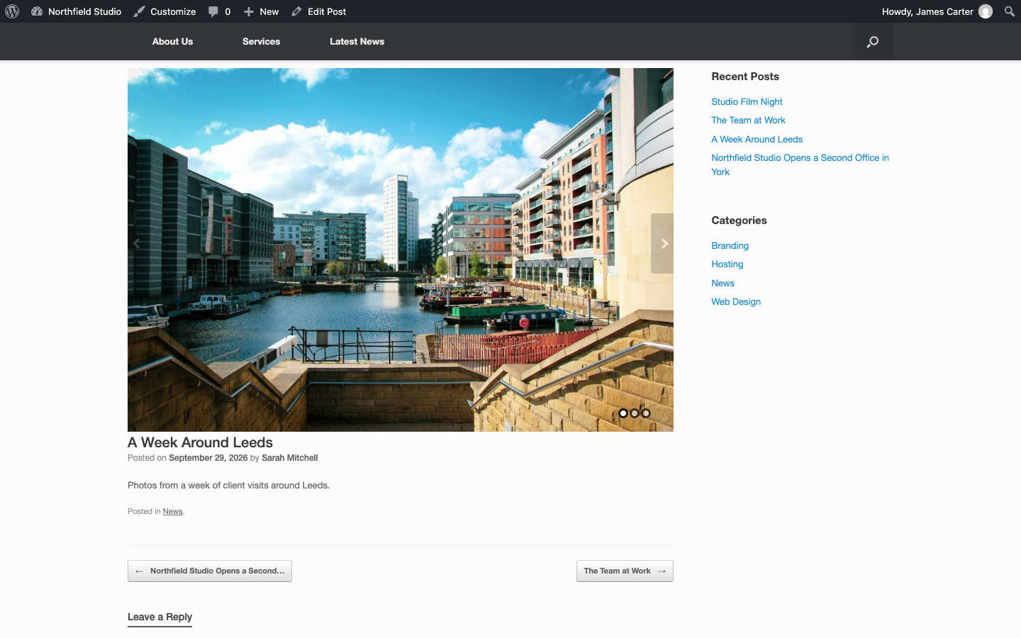 A Gallery format post with the slideshow above the post title