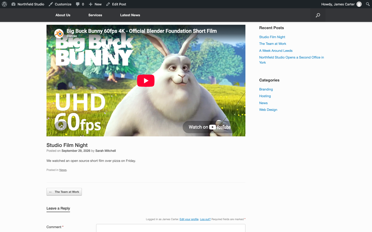 A Video format post with the video above the post title