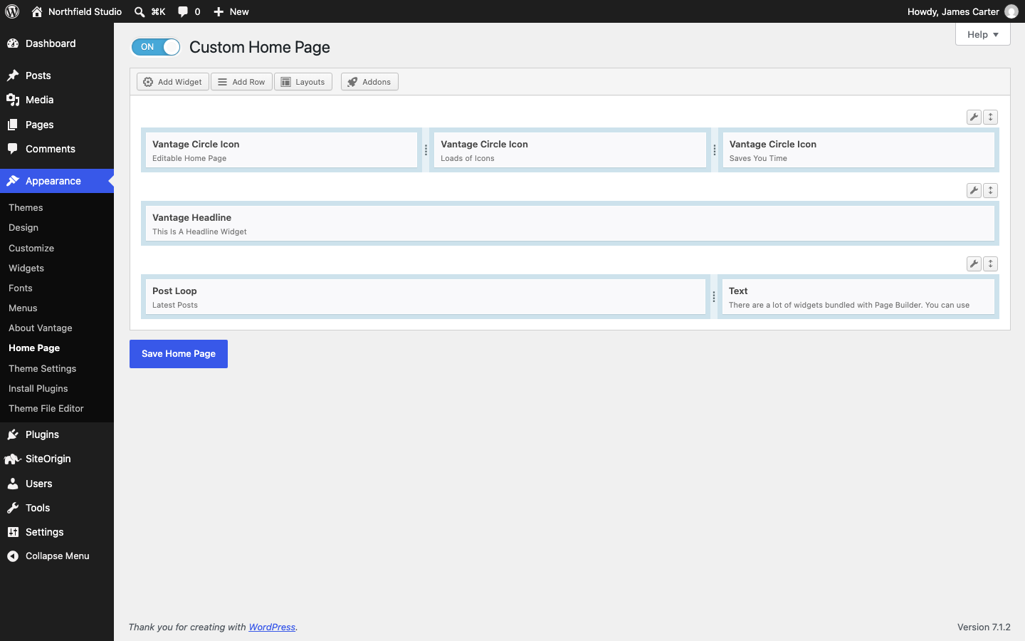 The Custom Home Page screen with the Default Home layout in Page Builder