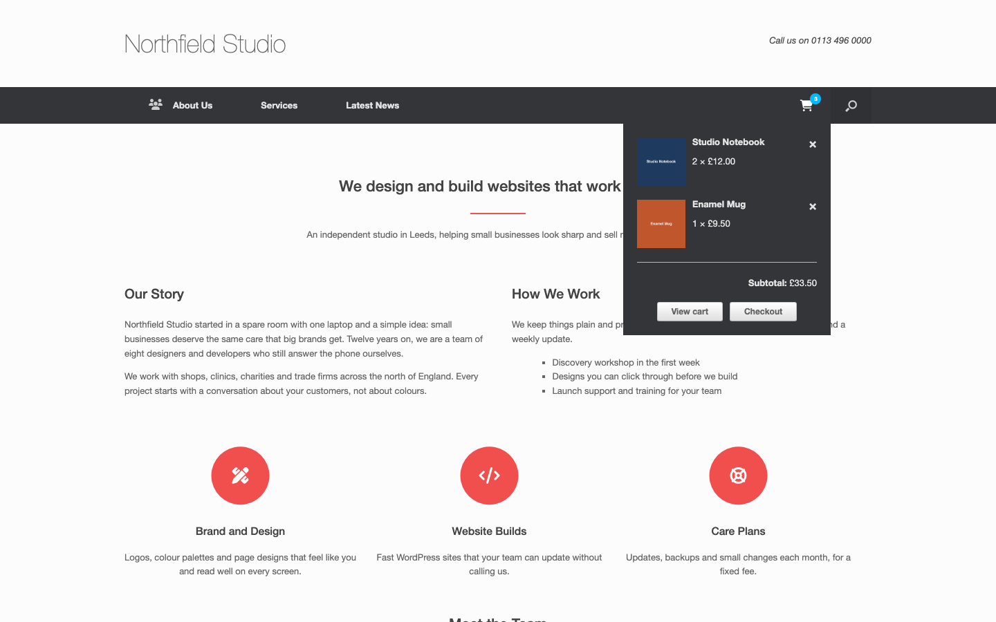 The Vantage mini cart in the main menu with the drop-down list open