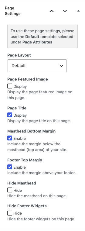 The Page Settings box with the layout list and the display checkboxes