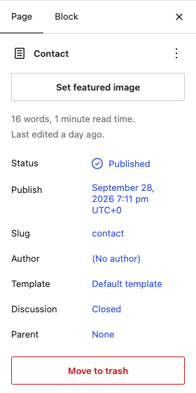 The Template setting in the Page panel of the block editor