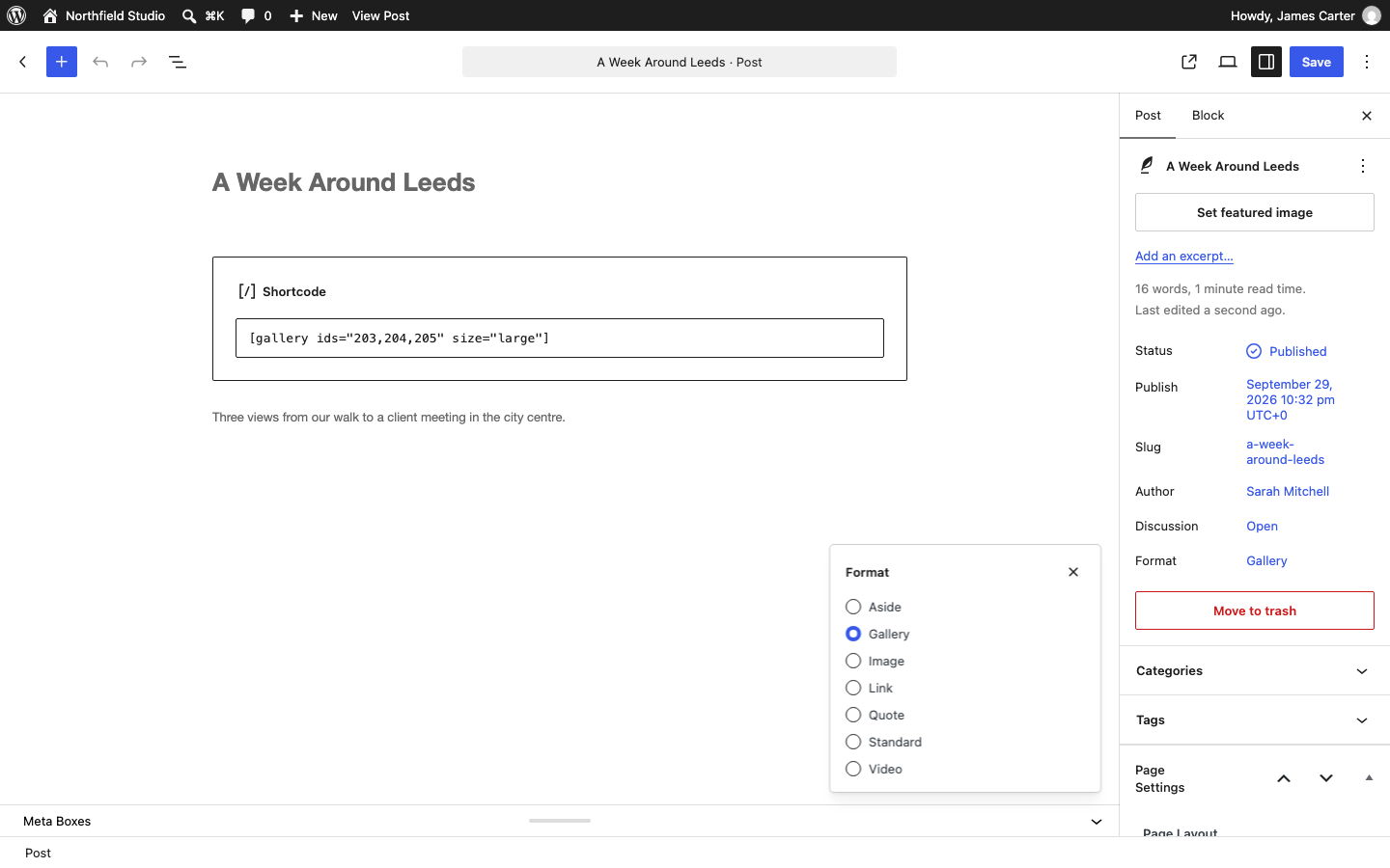 The Post tab of the block editor with the Format list open