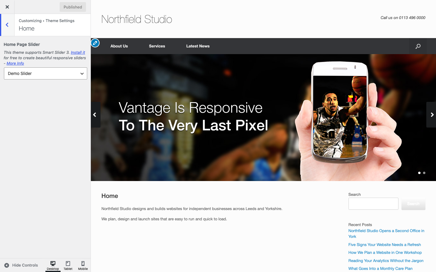 The Home section of Vantage Theme Settings with the Home Page Slider setting