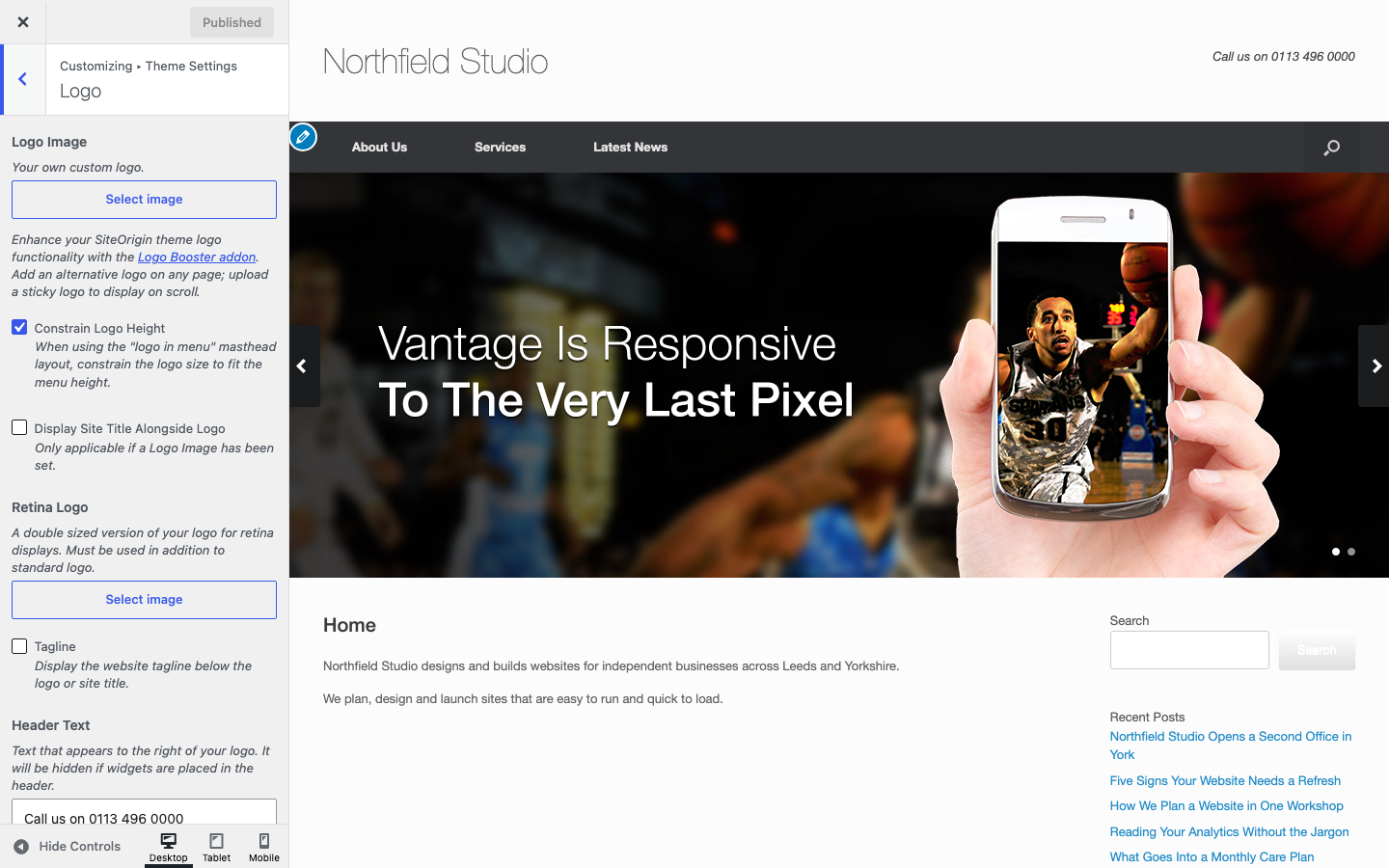 The Logo section of Vantage Theme Settings in the Customizer