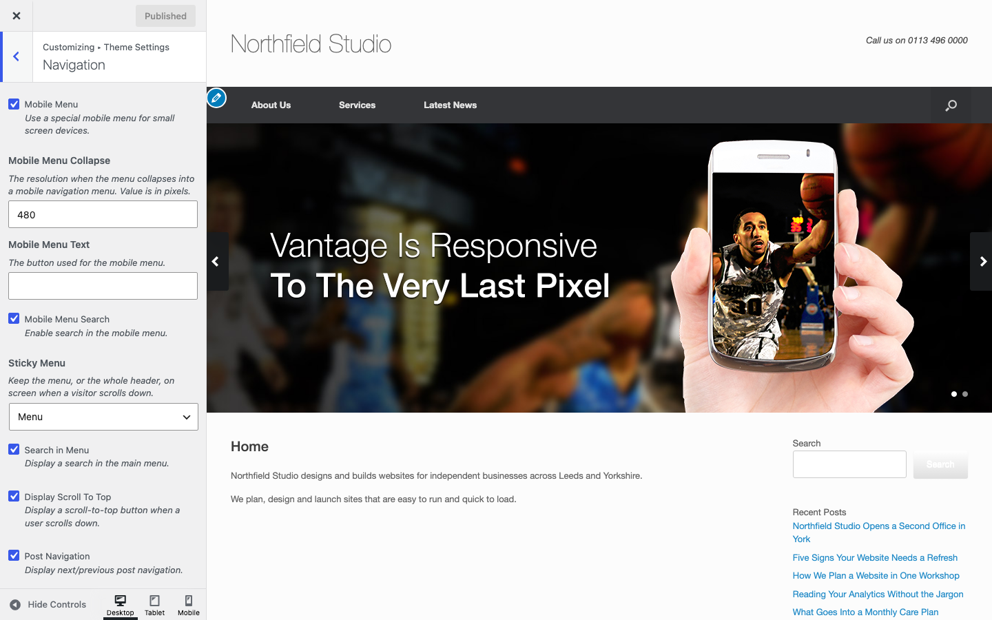 The Navigation section of Vantage Theme Settings in the Customizer
