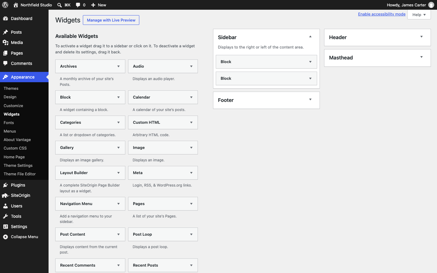 The Widgets screen with the Sidebar, Footer, Header and Masthead widget areas