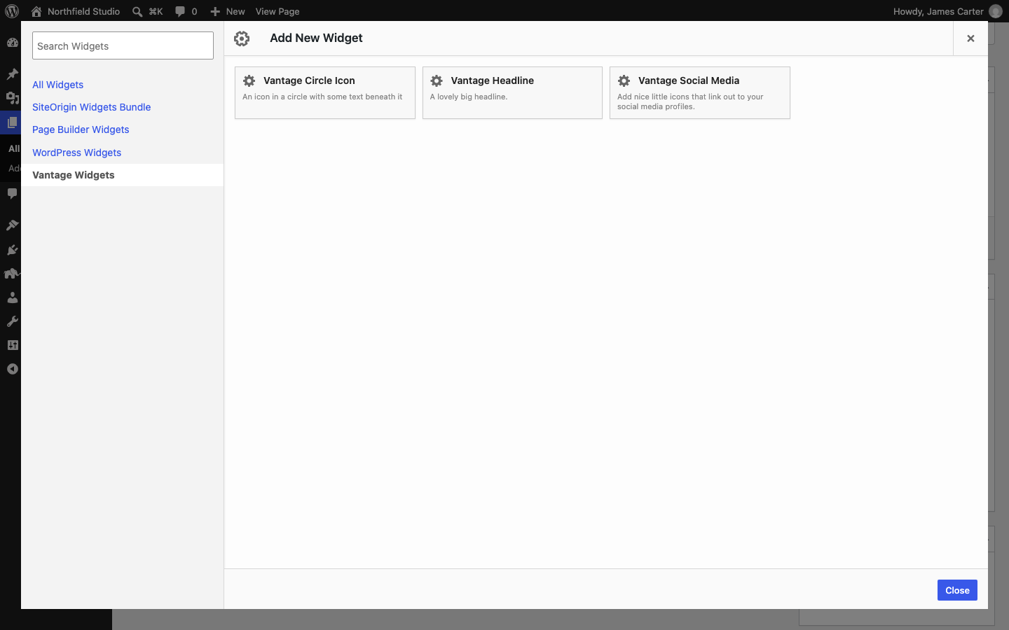 The Add New Widget dialog of Page Builder on the Vantage Widgets tab