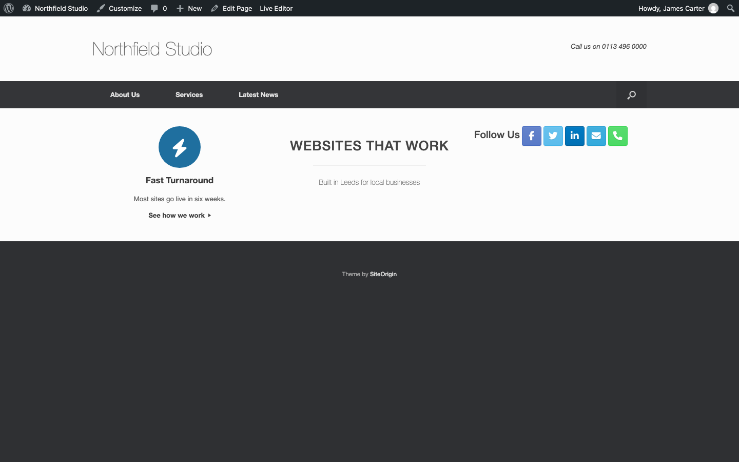 A page with the Vantage Circle Icon, Headline and Social Media widgets