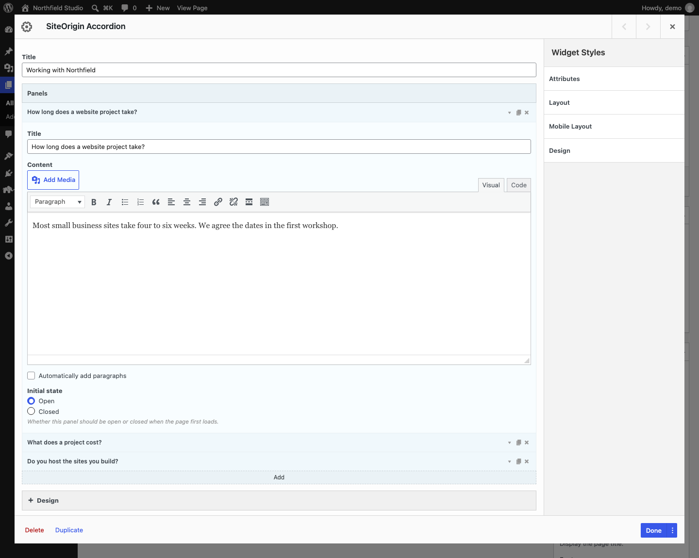 The Accordion widget form with the Panels repeater