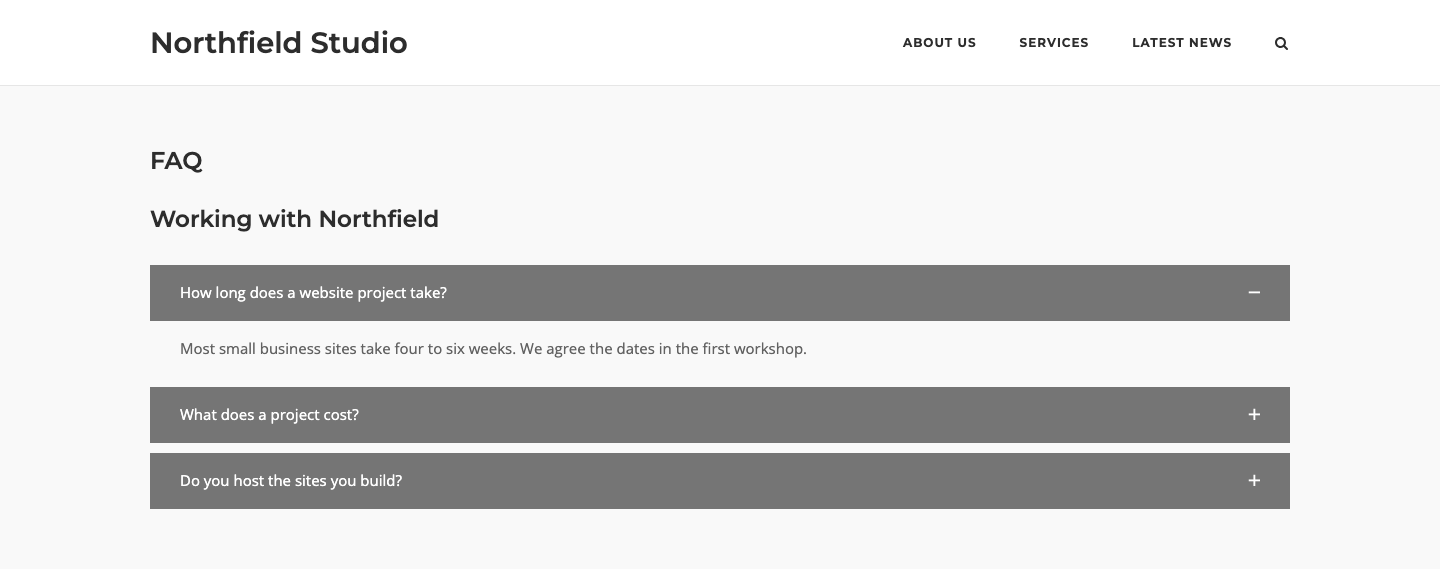 An FAQ accordion on the front end with the first panel open